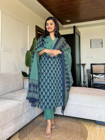 Aditi Ajrakh Angrakha Cotton 3PC Suit Set- Blue Green