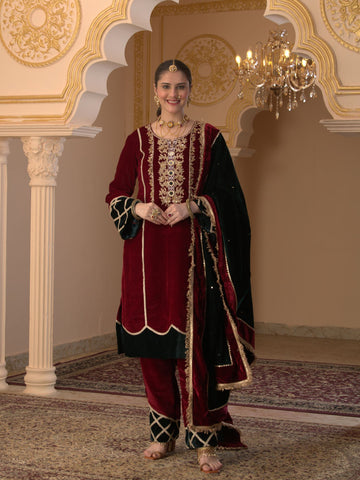 Maroon Hand Embroidered Velvet Suit set