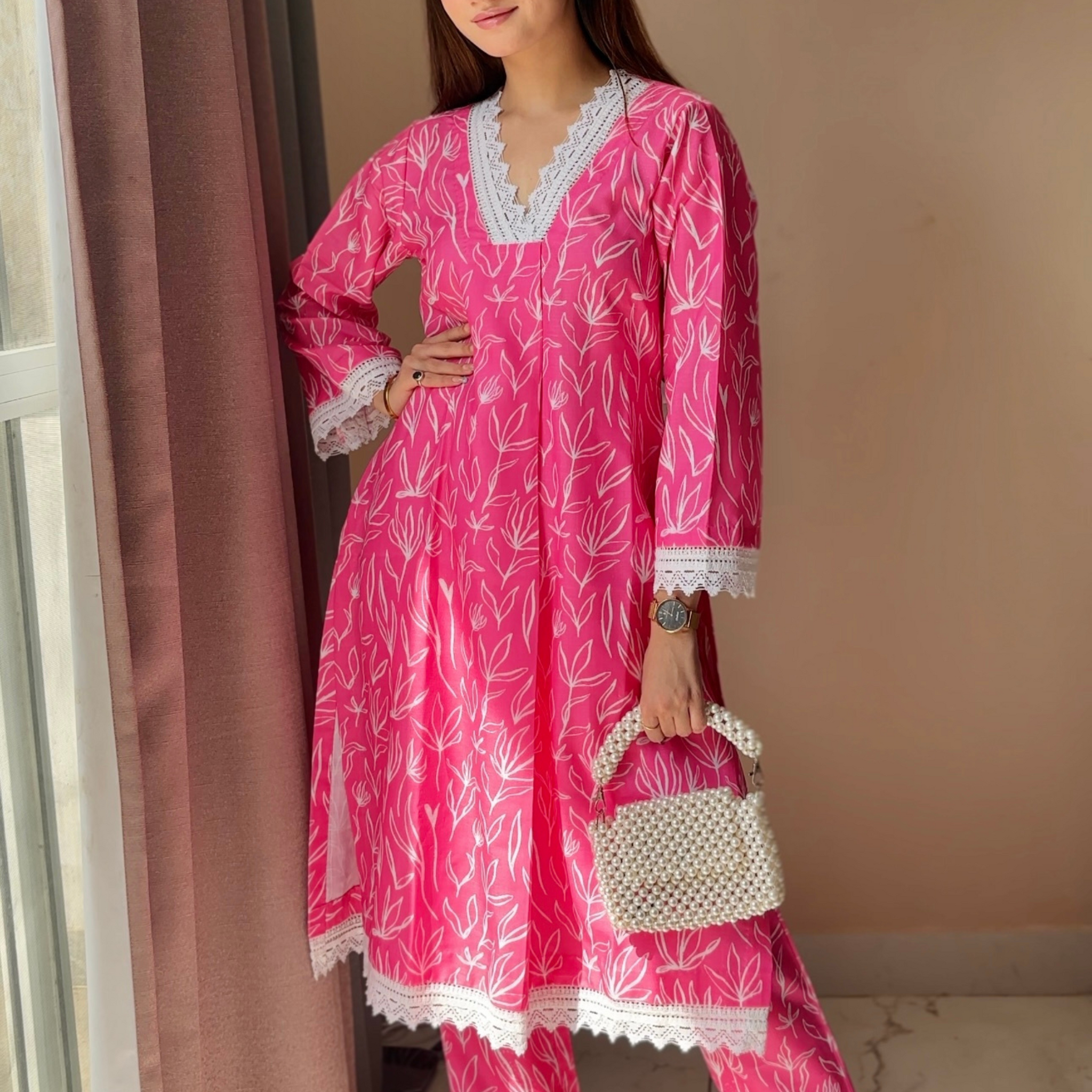Cotton Linen Kurta Set Pink Print