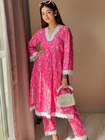 Cotton Linen Kurta Set Pink Print