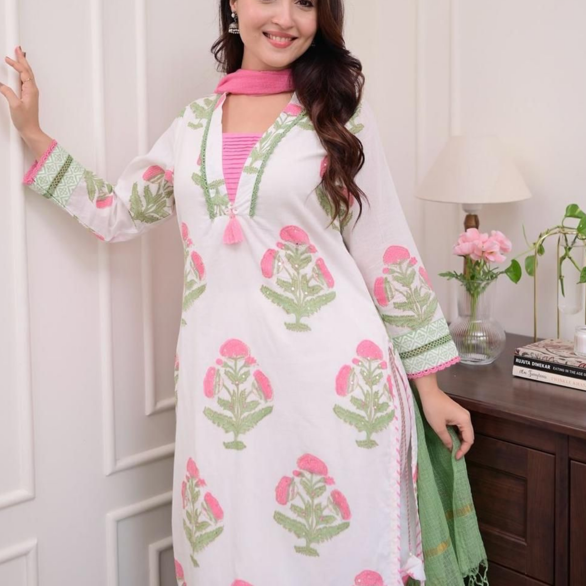 Pure Cotton Pink White Floral Printed 3PC Suit Sets