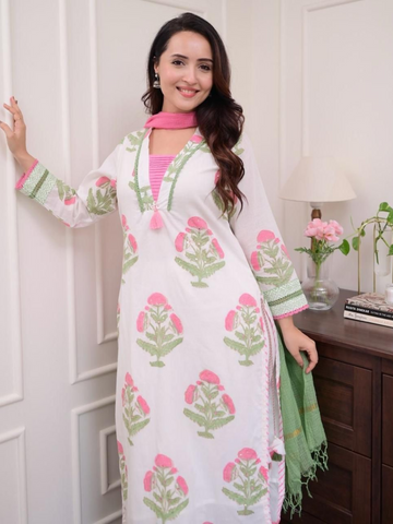 Pure Cotton Pink White Floral Printed 3PC Suit Sets