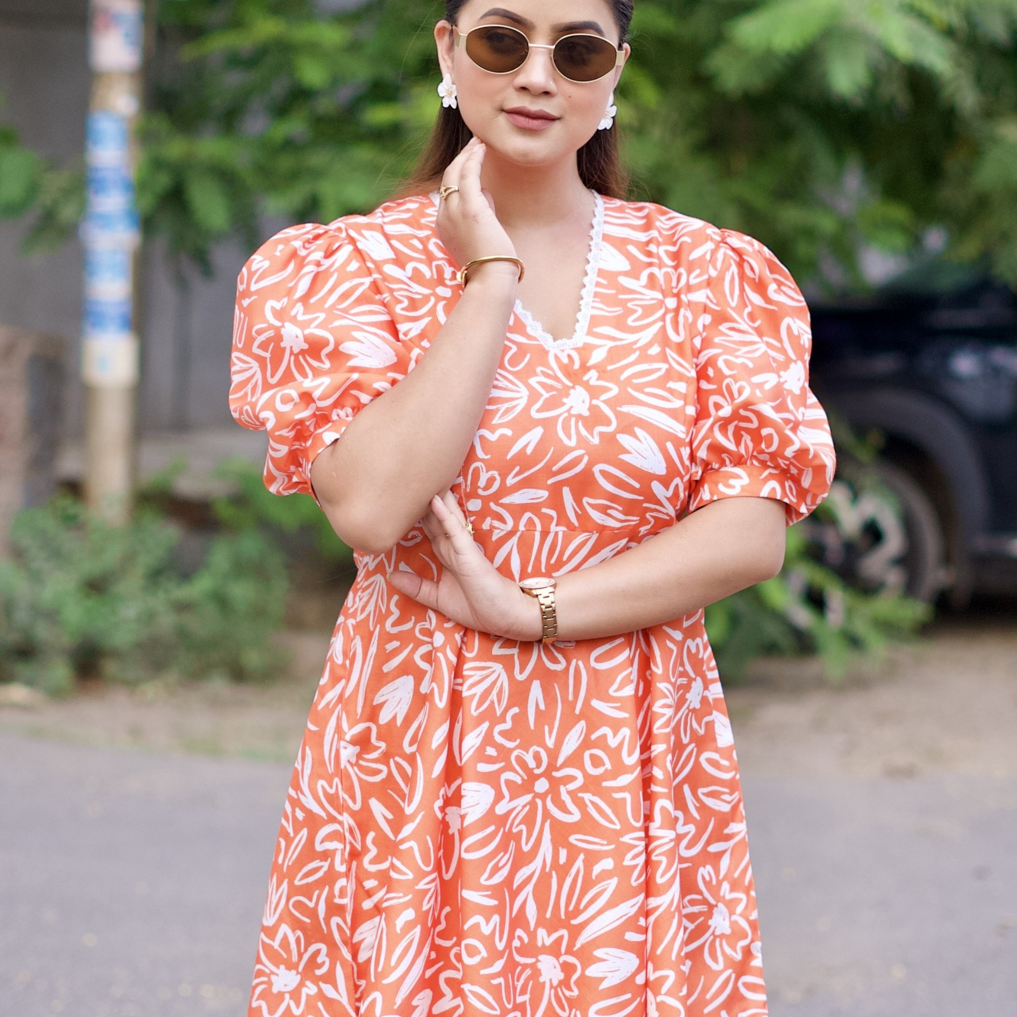 Linen Orange Printed Fit & Flare Dress