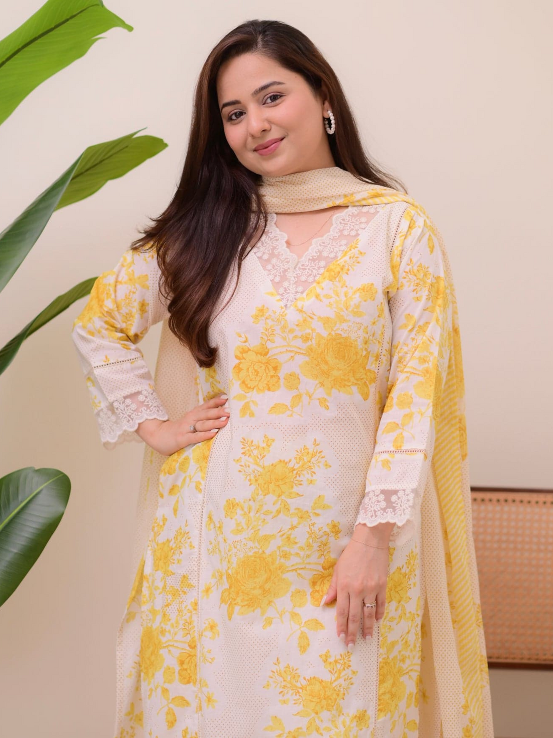 Yellow Pakistani Lace Cotton Suit