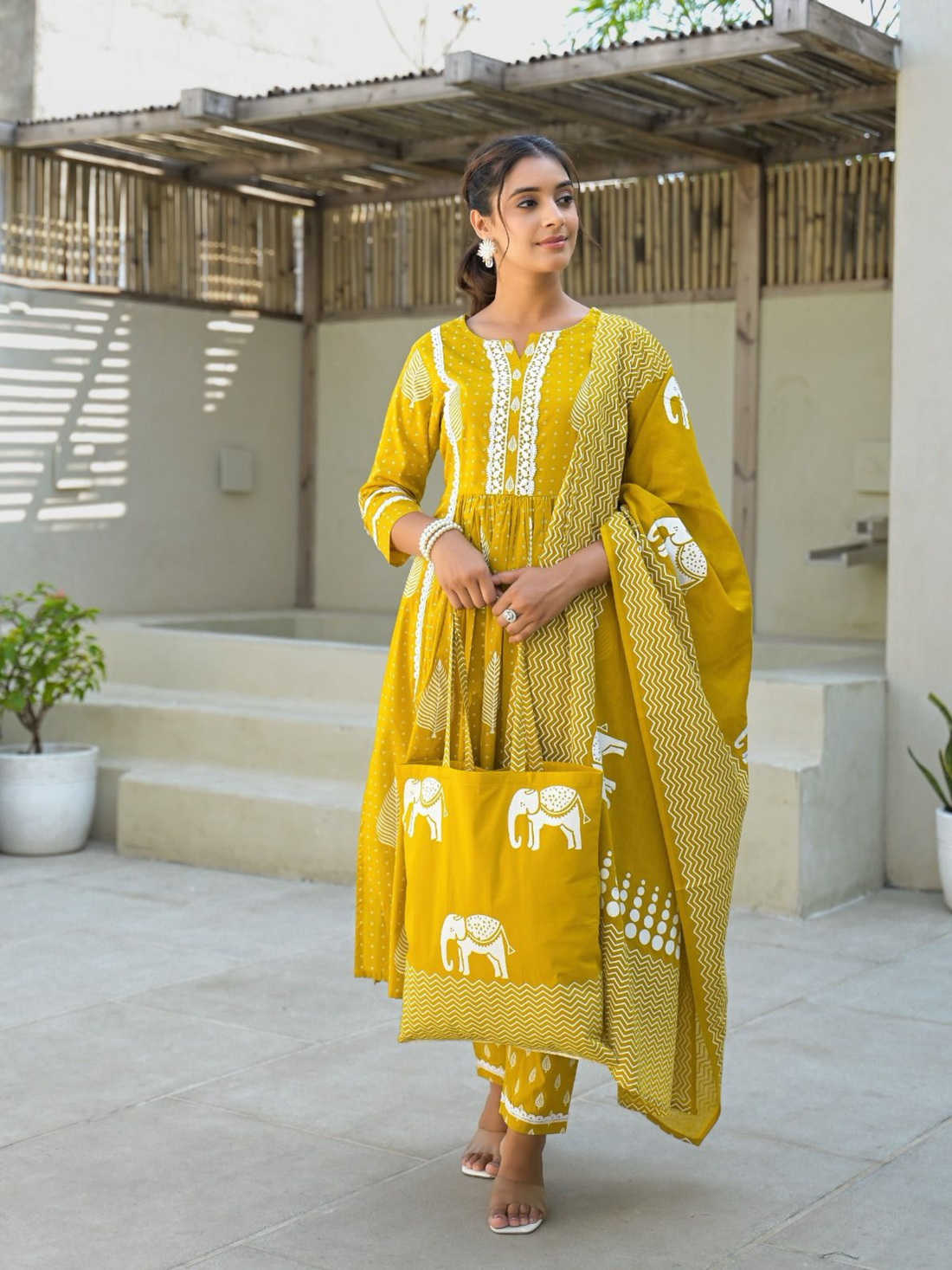 Pure Cotton Yellow Block Print Suit Set with Bag Set