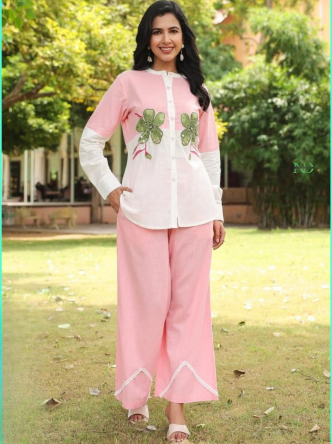 Premium Cotton Co-Ord Set With Two Tone Shirt With Handwork