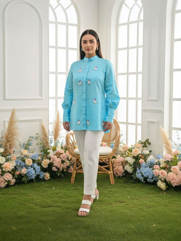 Bunny Tales Sky Blue Hand Embroidered Premium Cotton Shirt