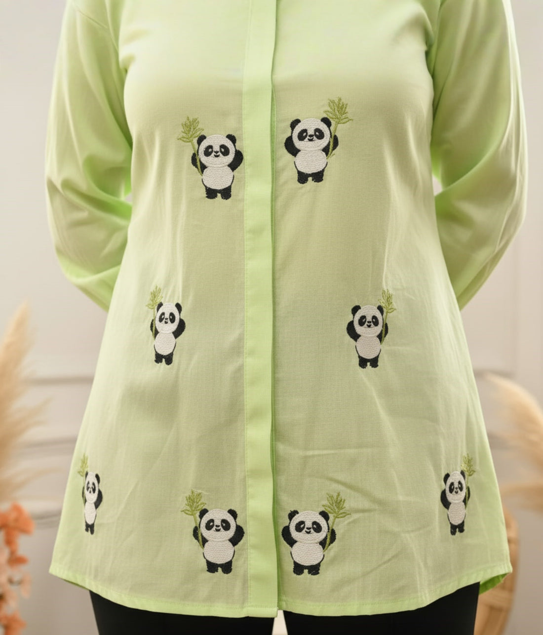 Panda Tales Pastel Green Hand Embroidered Premium Cotton Shirt