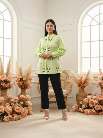 Panda Tales Pastel Green Hand Embroidered Premium Cotton Shirt