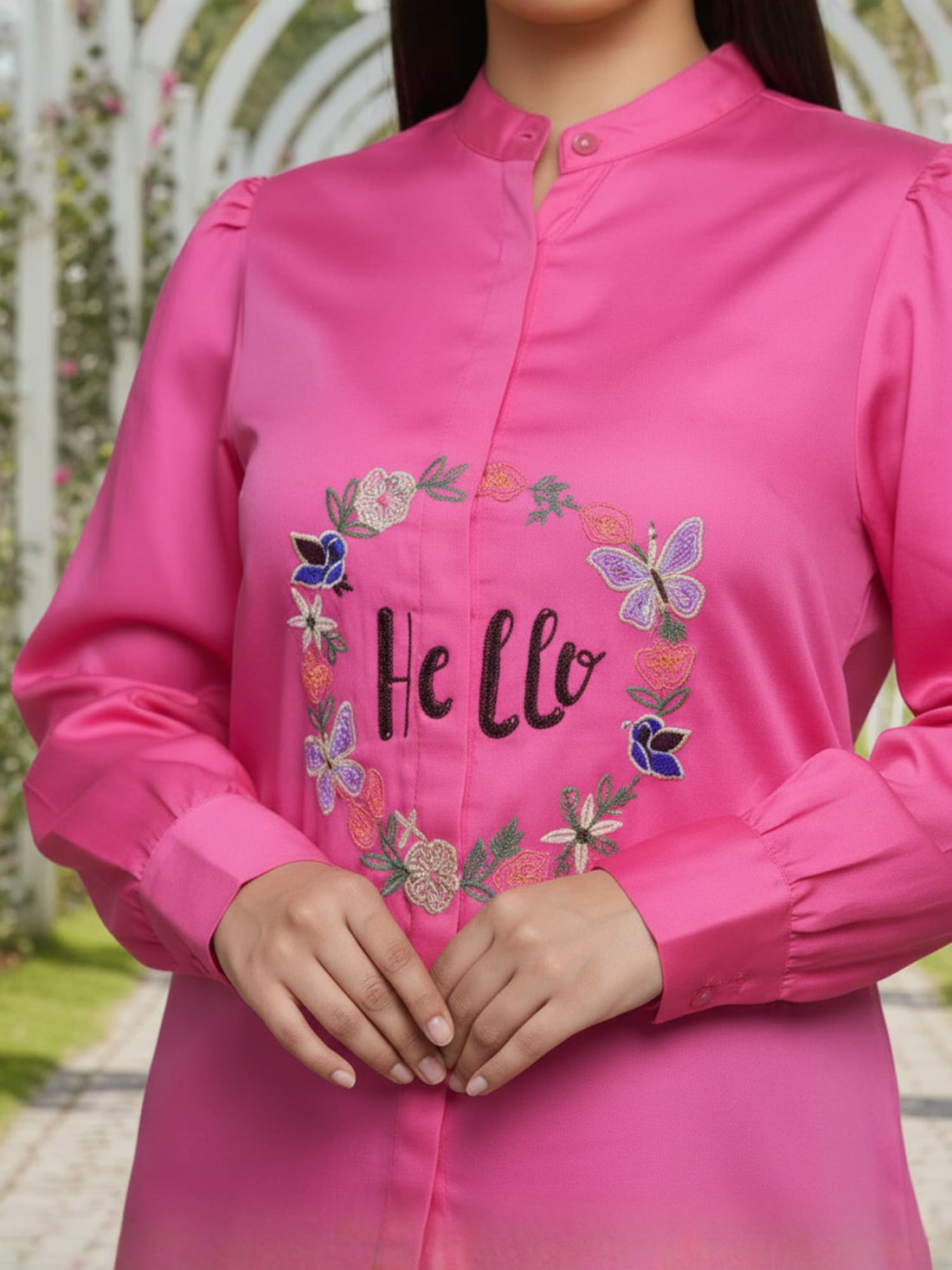 Round Pink Hand Embroidered Premium Cotton Shirt