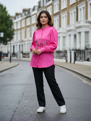 Round Pink Hand Embroidered Premium Cotton Shirt