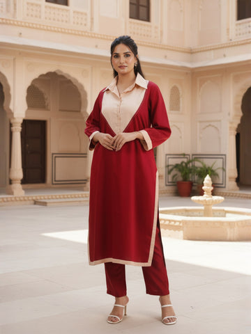 Maroon Pure Cotton Kurta Set