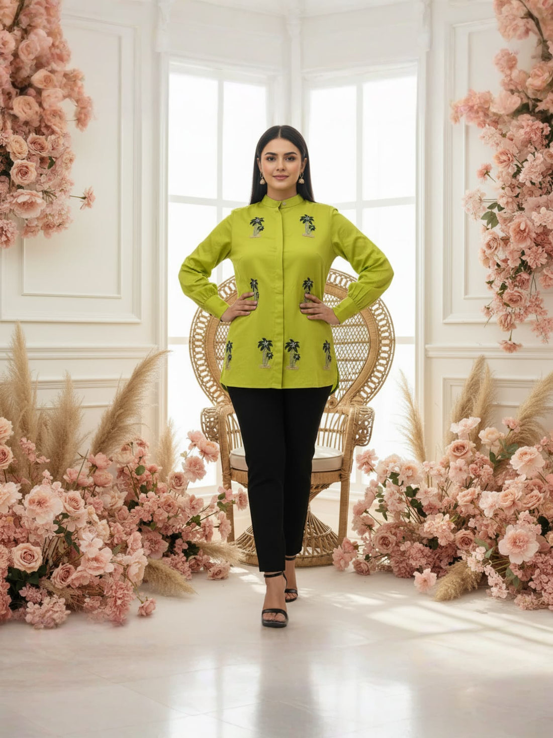 Coconut Tells a Tale Grassy Green Hand Embroidered Premium Cotton Shirt