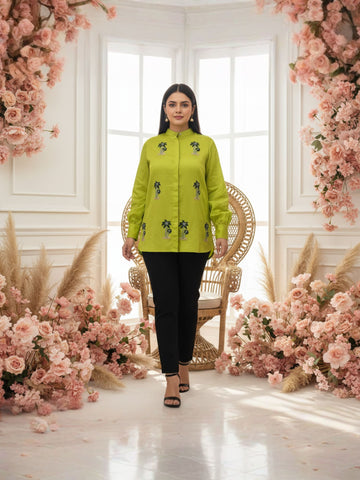 Coconut Tells a Tale Grassy Green Hand Embroidered Premium Cotton Shirt