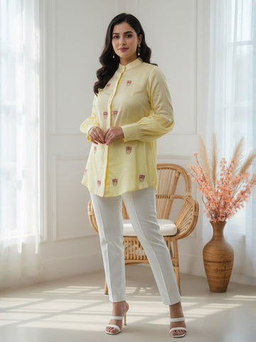 Owl Tales Butter Yellow Hand Embroidered Premium Cotton Shirt