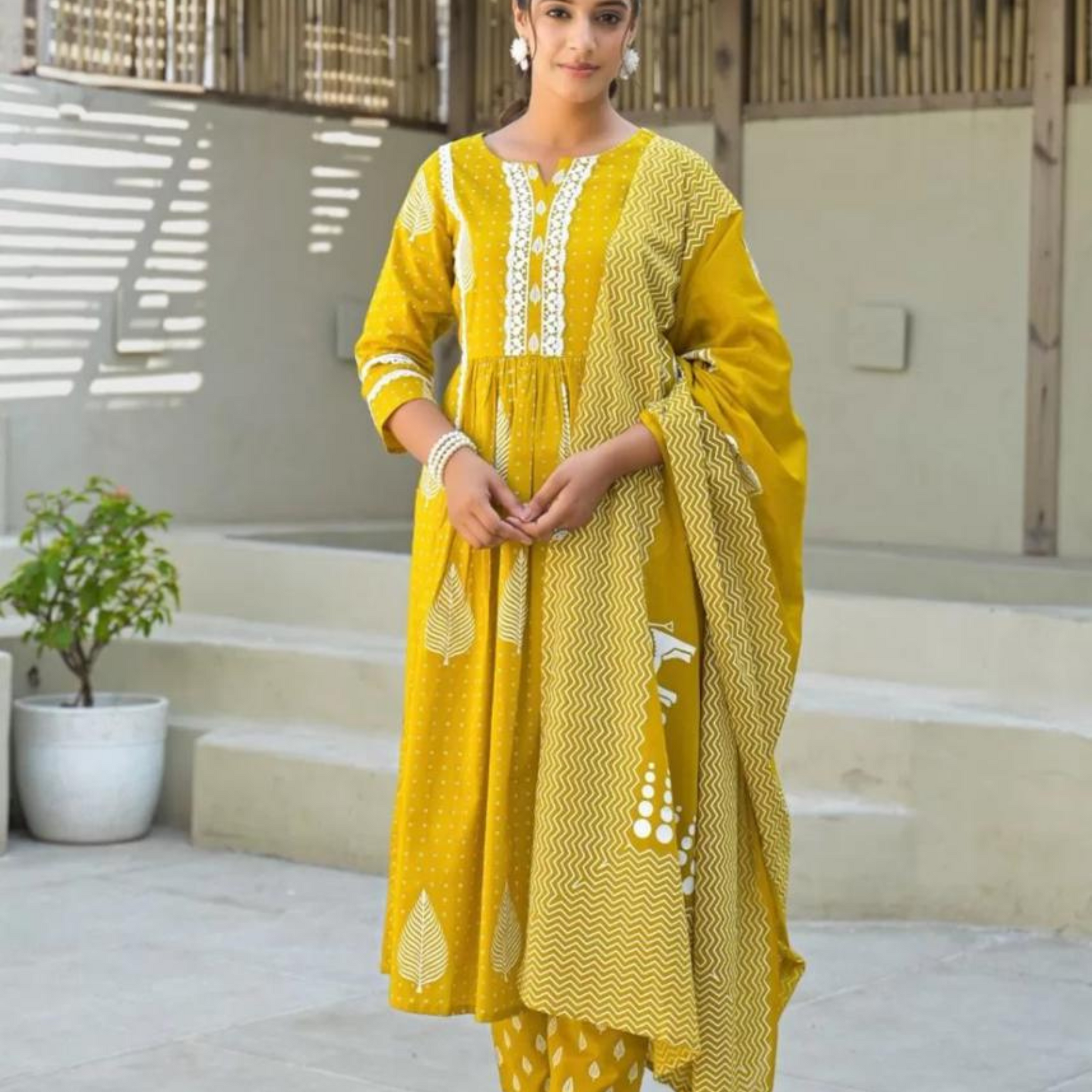 Pure Cotton Yellow Block Print Suit Set with Bag Set
