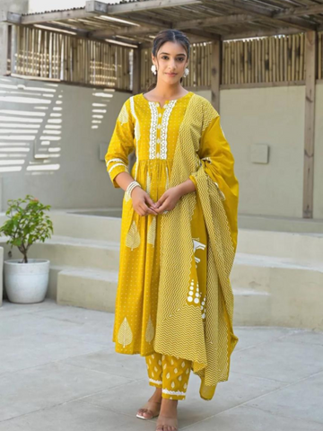 Pure Cotton Yellow Block Print Suit Set with Bag Set