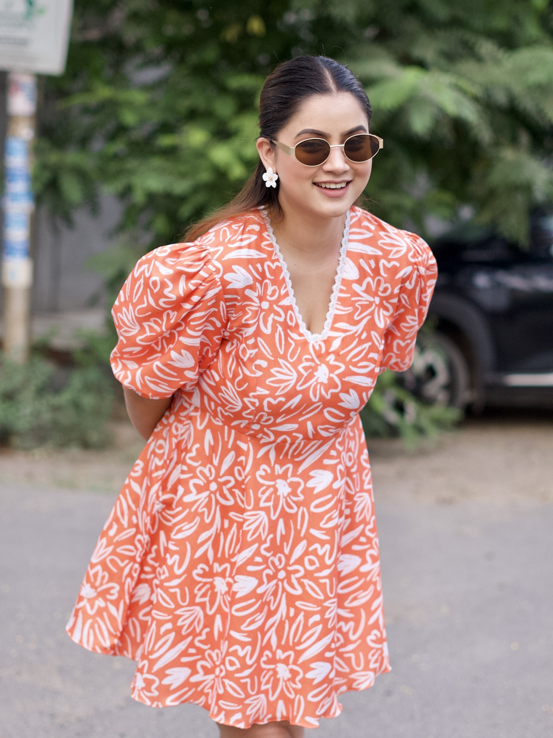 Linen Orange Printed Fit & Flare Dress