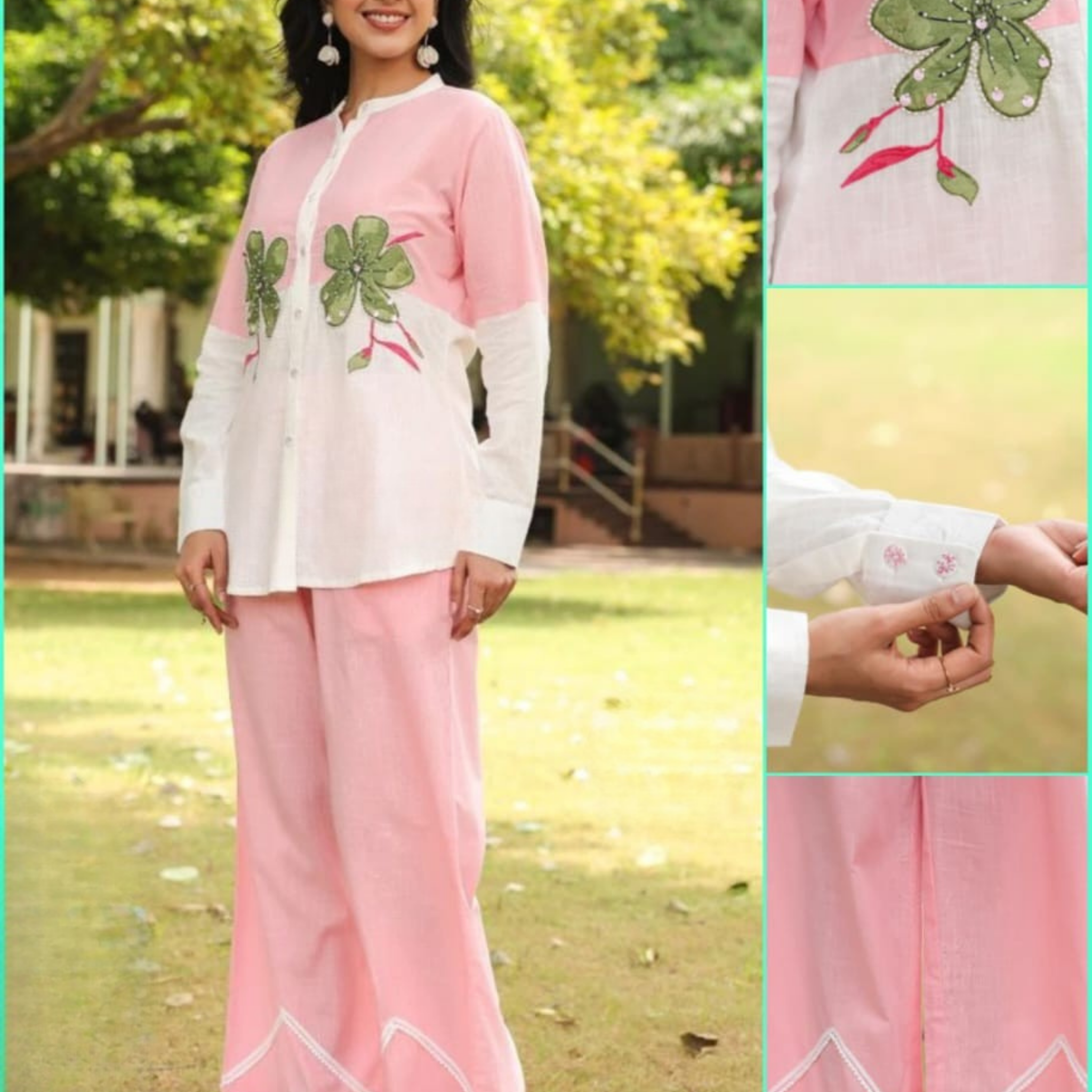 Premium Cotton Co-Ord Set With Two Tone Shirt With Handwork
