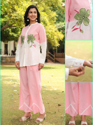 Premium Cotton Co-Ord Set With Two Tone Shirt With Handwork