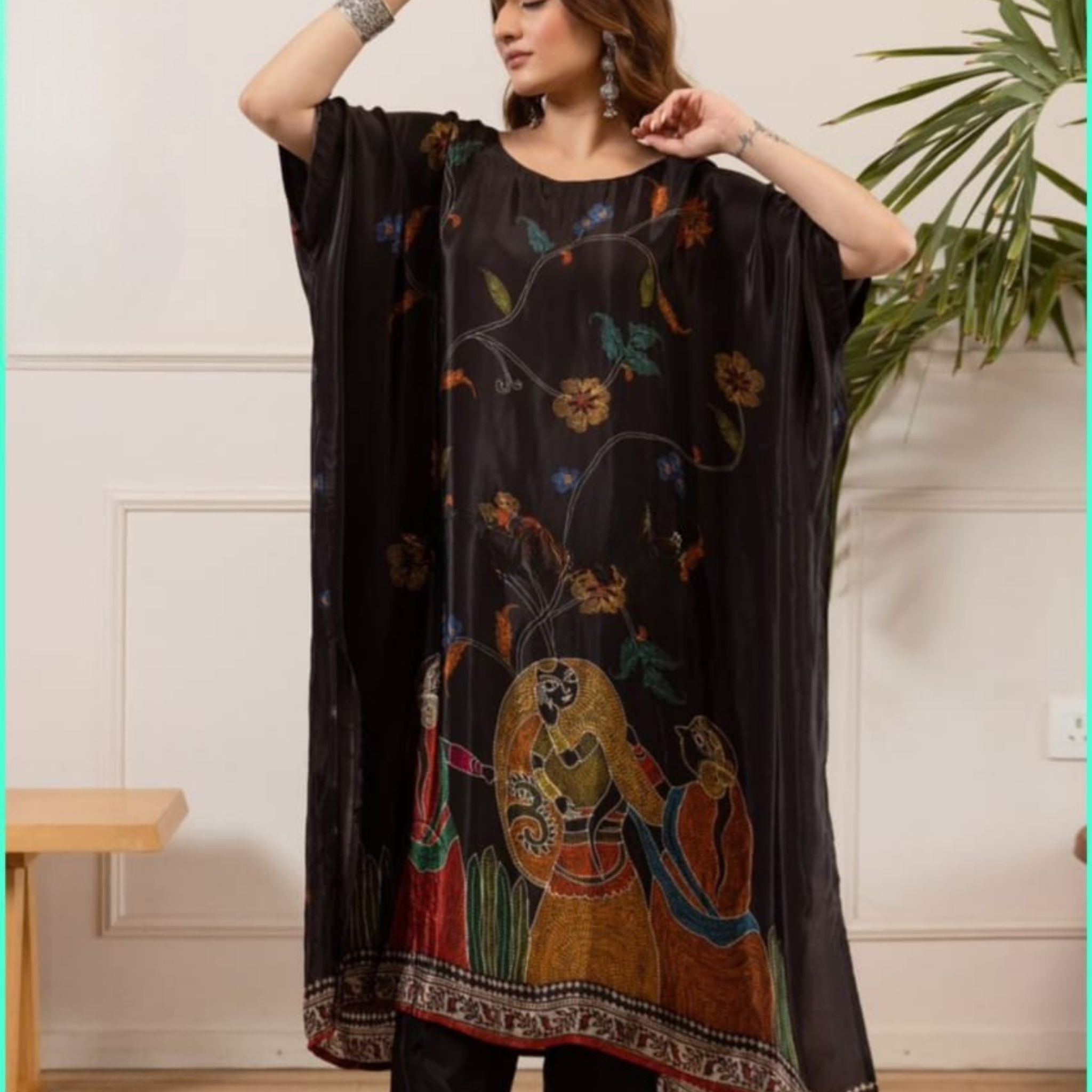 Designer Black Crepe Kaftan A Batik Print Set