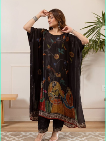 Designer Black Crepe Kaftan A Batik Print Set