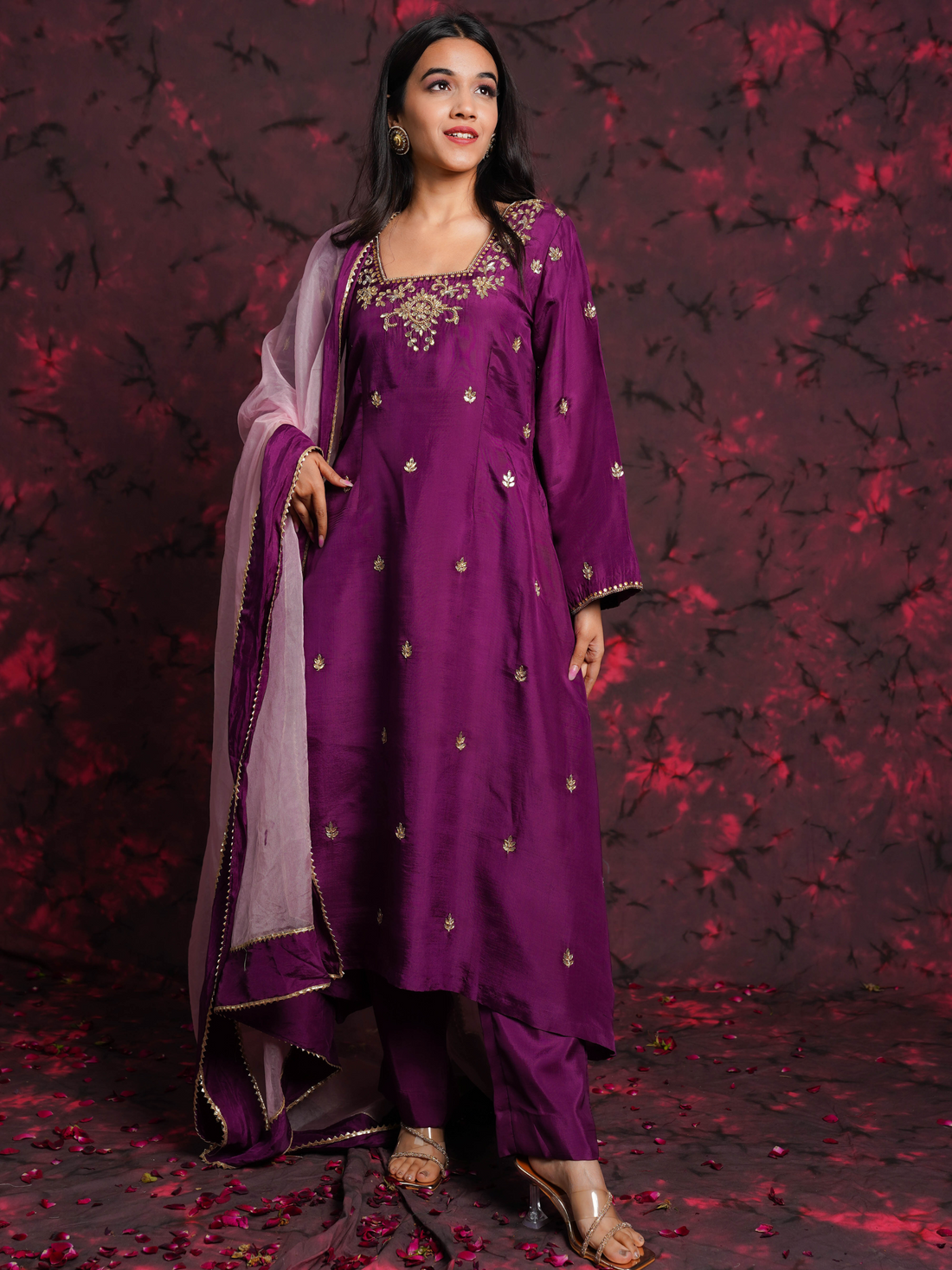Shreyasi Wine Hand Embroidered A-line Silk Suit