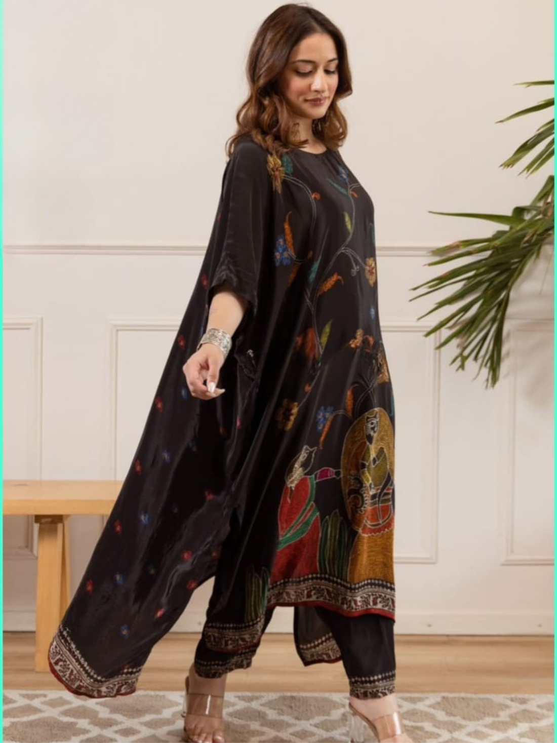 Designer Black Crepe Kaftan A Batik Print Set