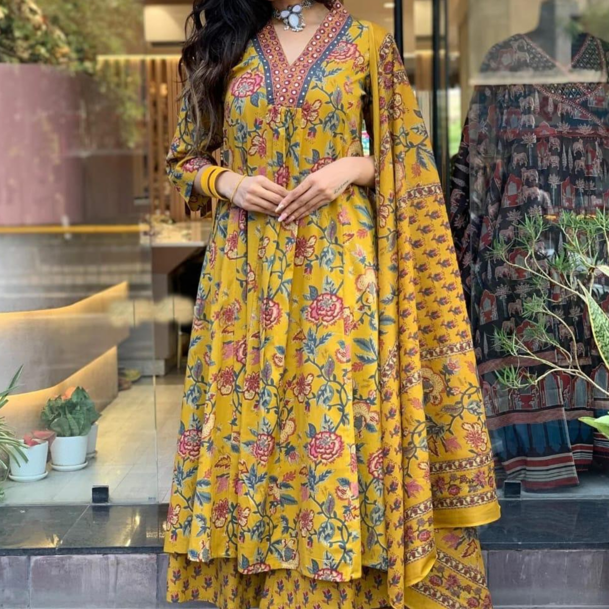 Cotton Mustard Floral Printed 3PC Suit Set