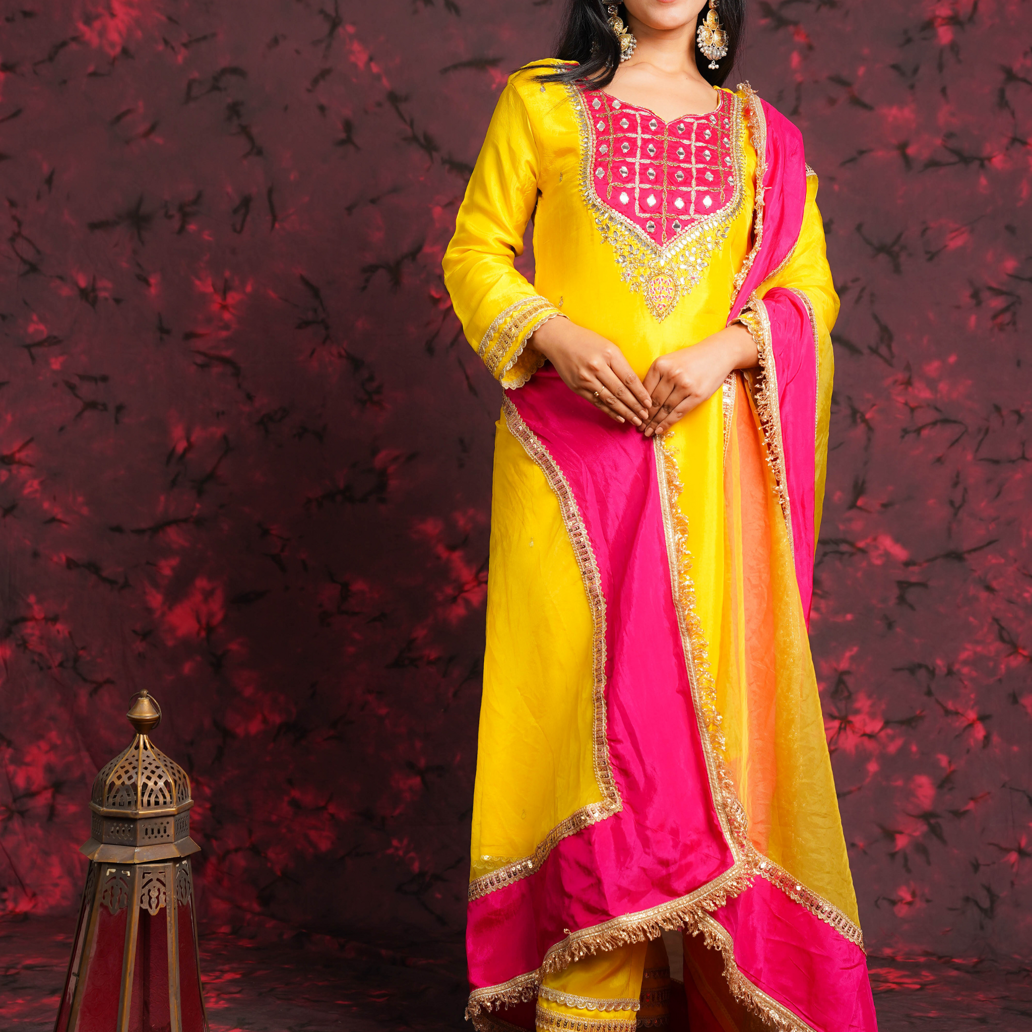 Sheeshphool Yellow & Pink Silk Hand Embroidered Suit Set