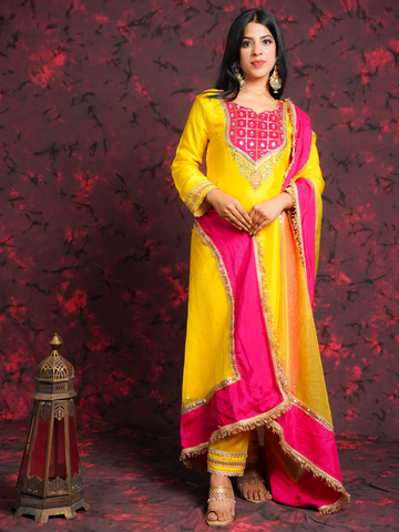 Sheeshphool Yellow & Pink Silk Hand Embroidered Suit Set