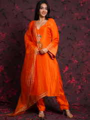 Pichwai Art Orange Silk Hand Embroidered Suit Set