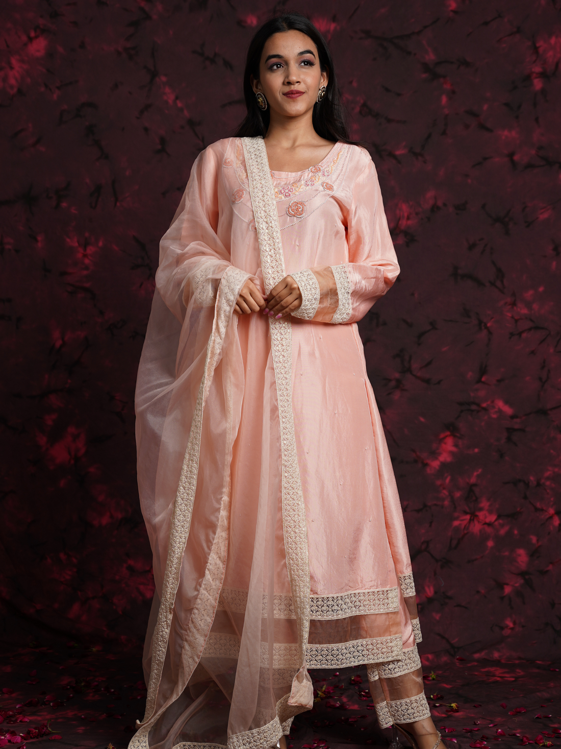 Peachy vibes Hand Embroidered Silk Suit