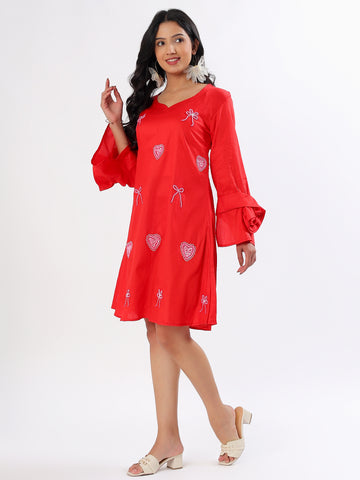Red Hearts & Bows A-shape Cotton Dress