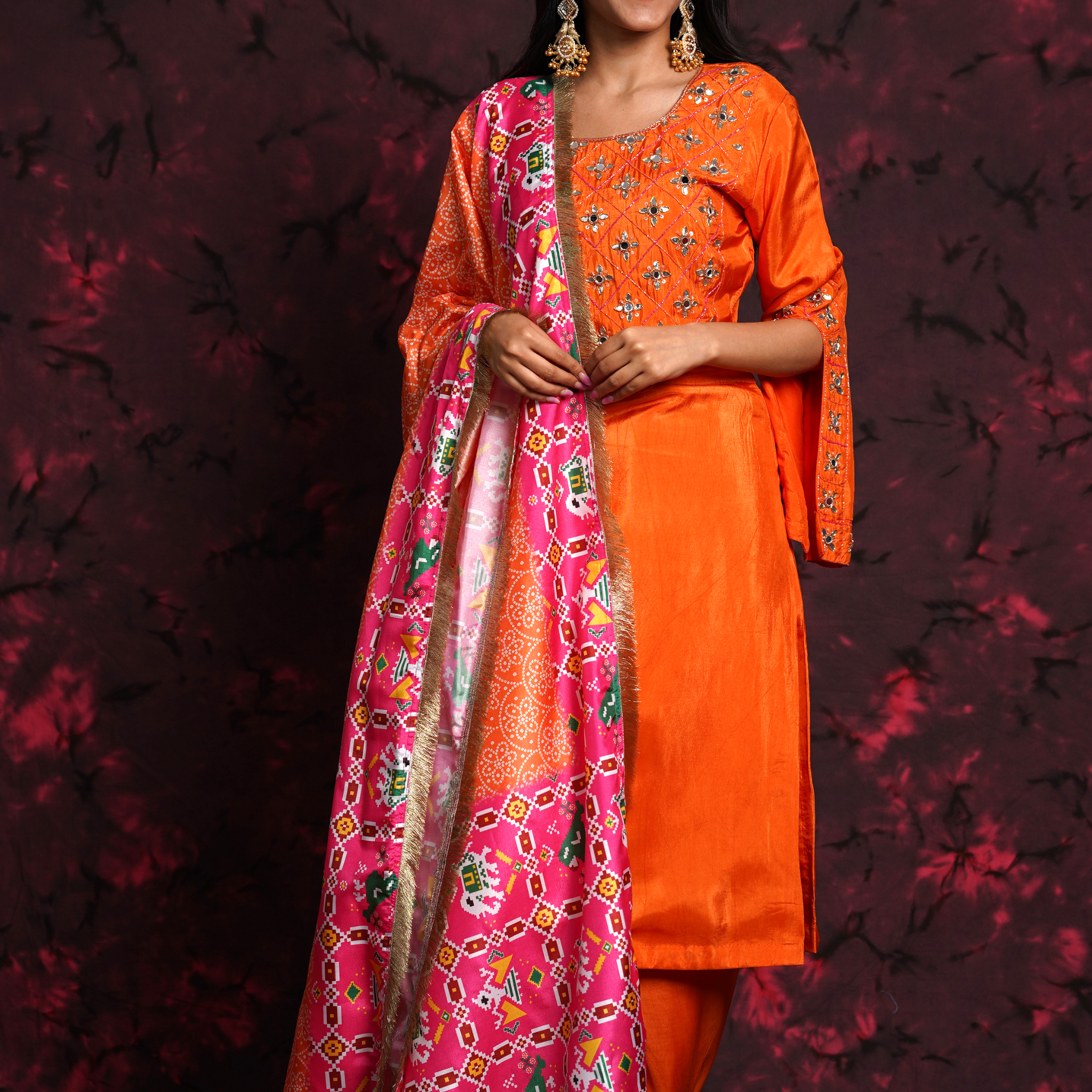 Sunkissed Orange Hand Embroidered Silk Suit with Bandhani & Patola Dupatta