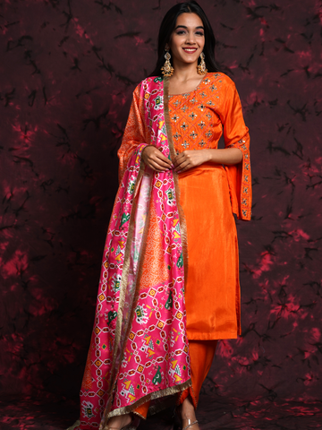 Sunkissed Orange Hand Embroidered Silk Suit with Bandhani & Patola Dupatta
