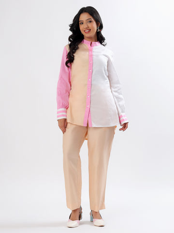 Whimsical Wonderland Pastel Beige & Pink Color Block Cotton Coord Set