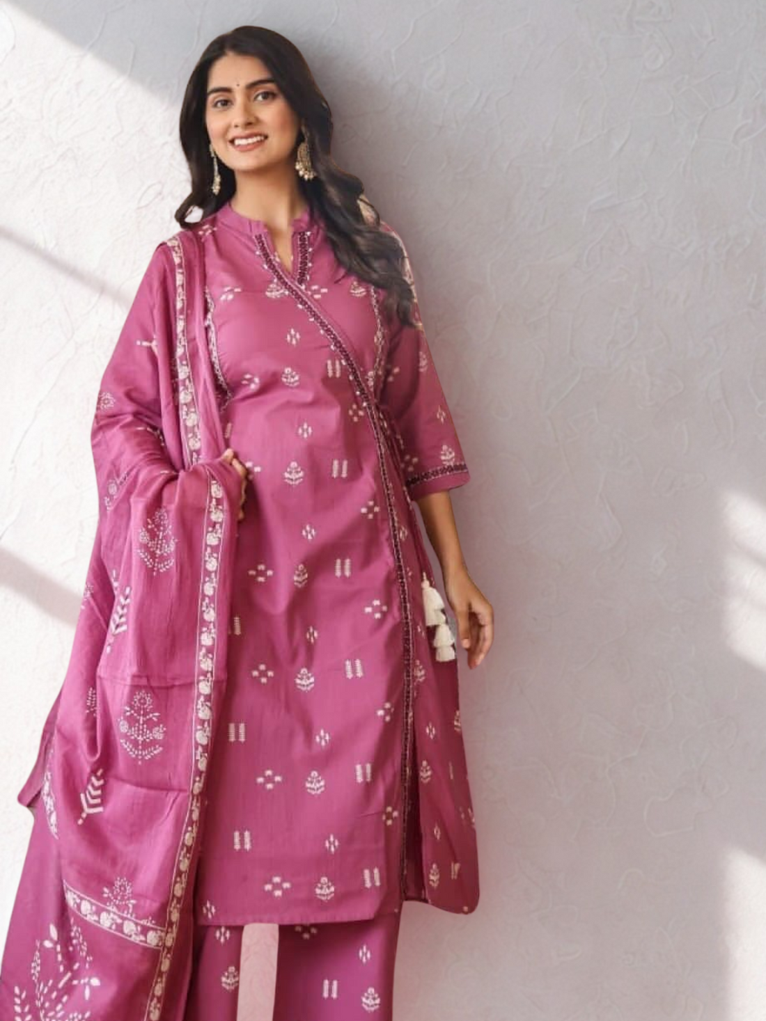 Nisha Angrakha Cotton 3PC Suit Set- Pink