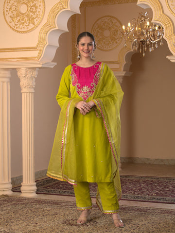 Ambiyaa Lime Green Velvet Hand Embroidered Suit Set