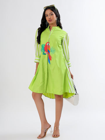 Green Macaw Cotton Linen Dress