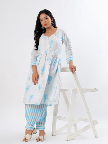 White & Blue Hot Air Balloon A-shape Cotton Kurta Set