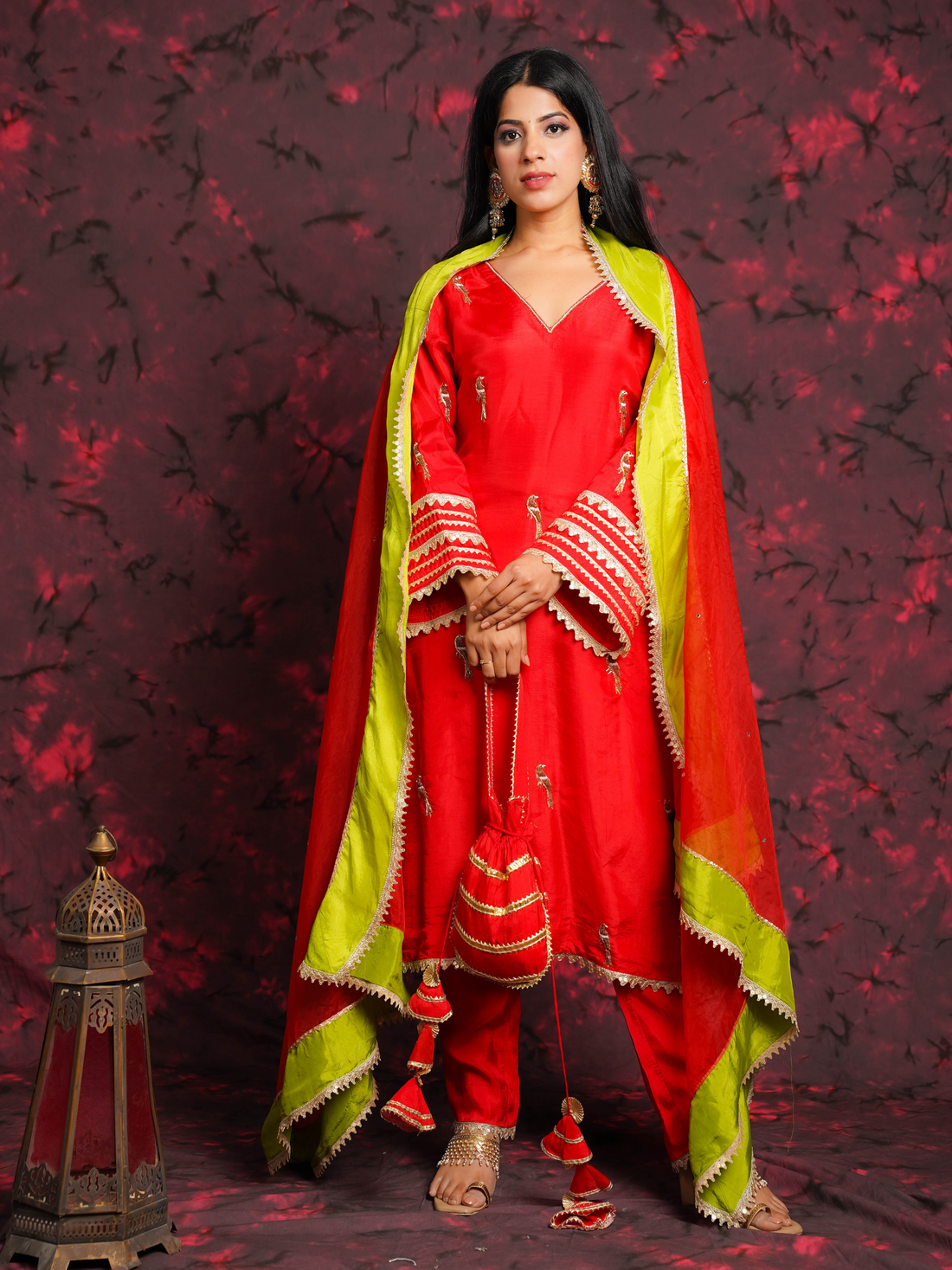 Panchi Red Silk Hand Embroidered Suit Set