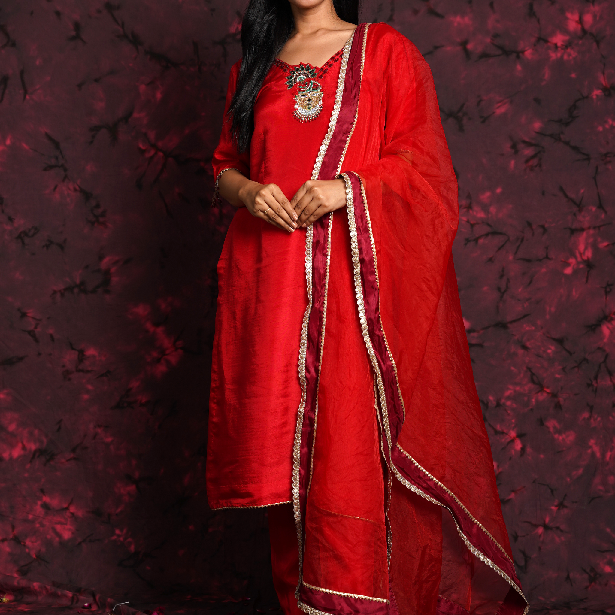 Lord Krishna Red Hand Embroidered Silk Suit