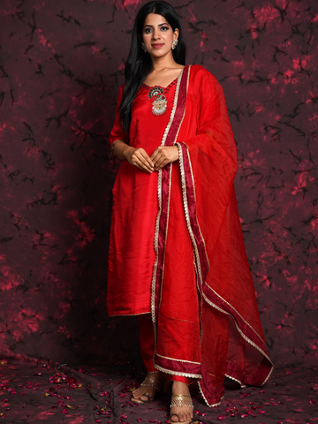 Lord Krishna Red Hand Embroidered Silk Suit