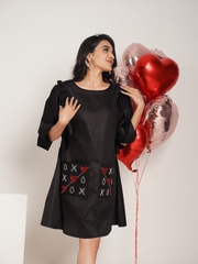 Criss Cross Black Hand Embroidered Pure Cotton A- shape dress