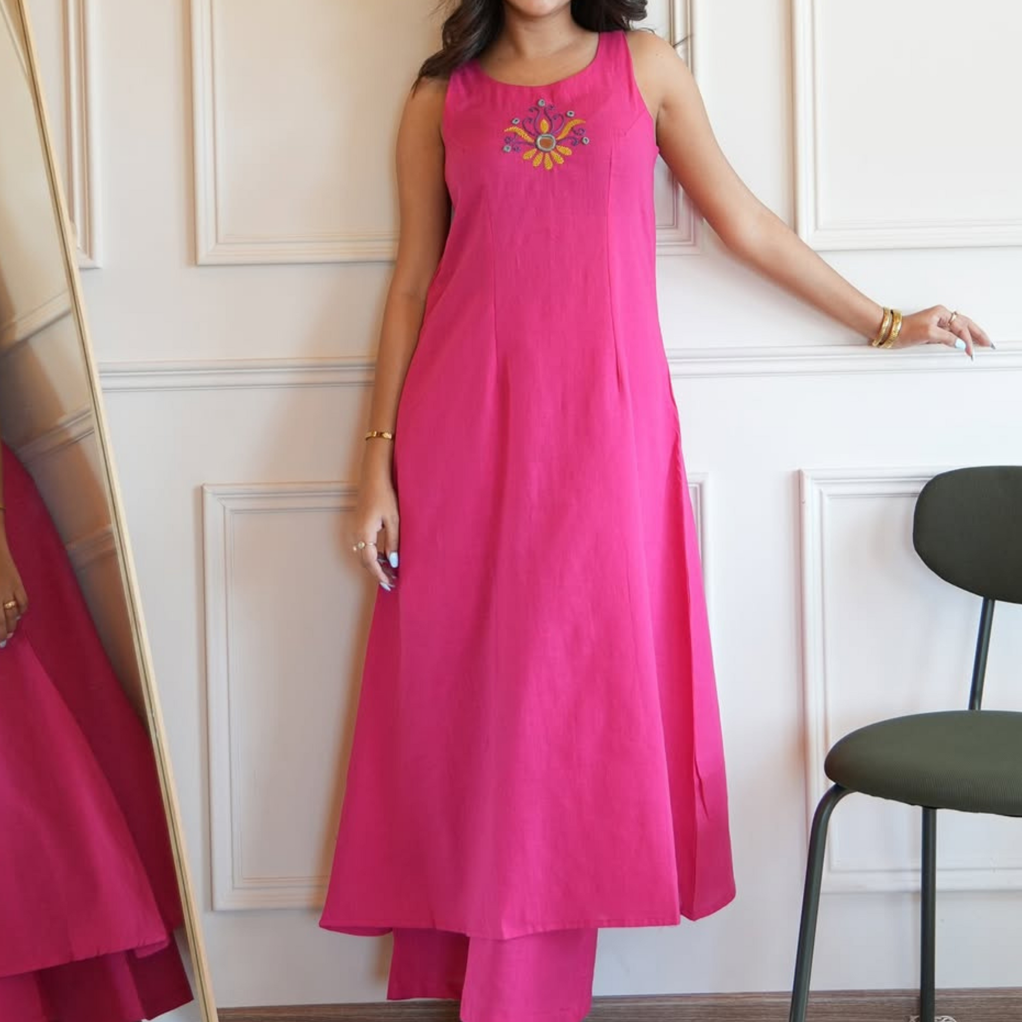 Pure Cotton Slub A-line Pink Kurta Set with Palazzo