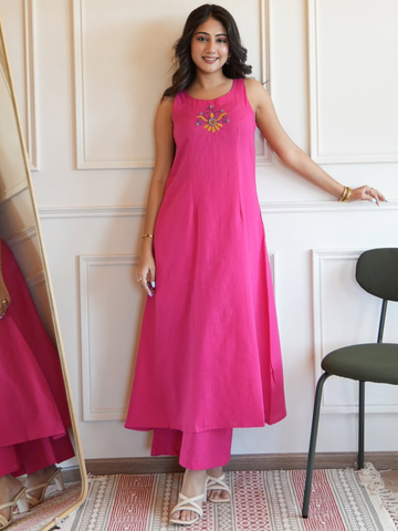 Pure Cotton Slub A-line Pink Kurta Set with Palazzo
