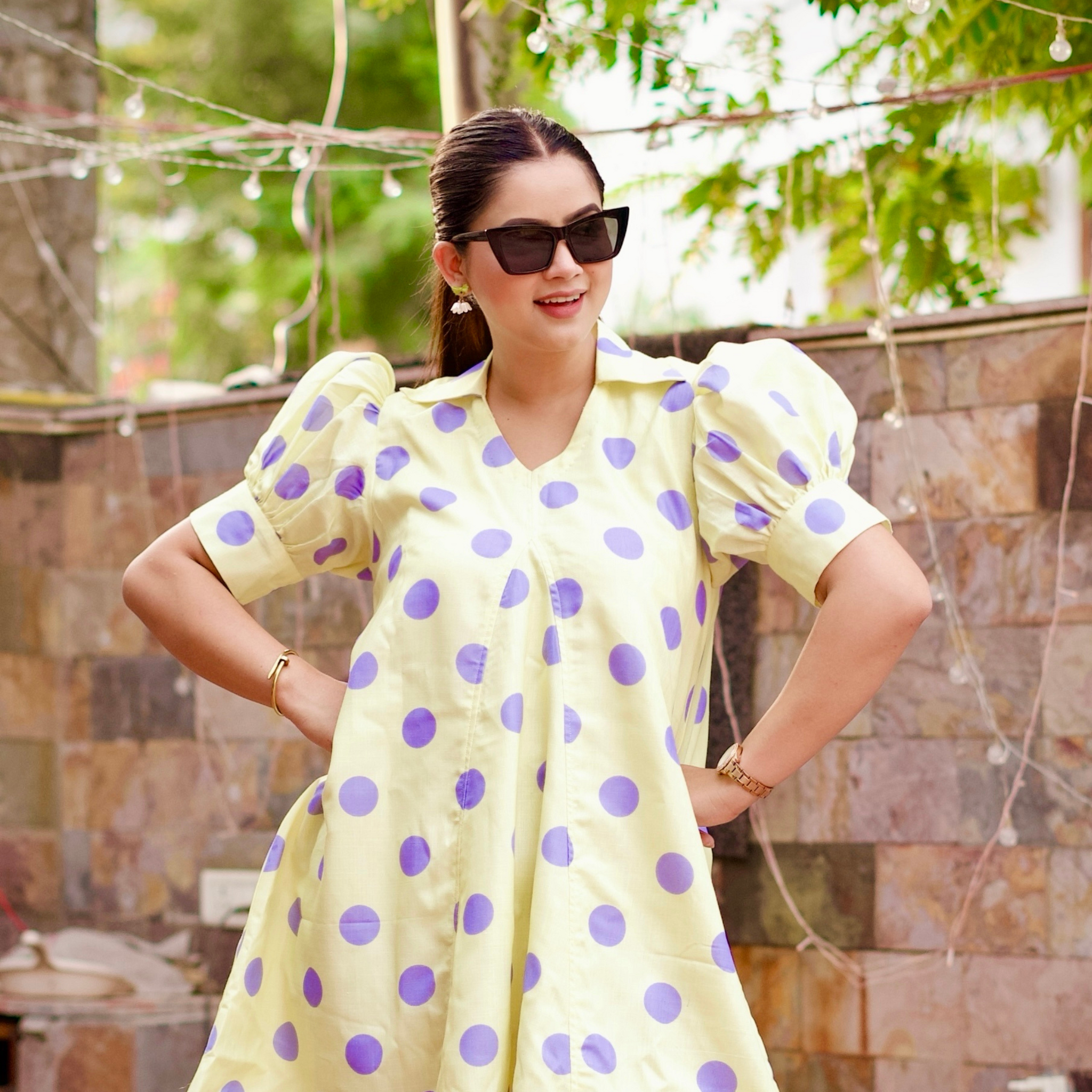 Yellow Cotton Linen Polka Fun A Line Dress