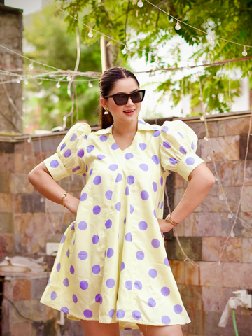 Yellow Cotton Linen Polka Fun A Line Dress