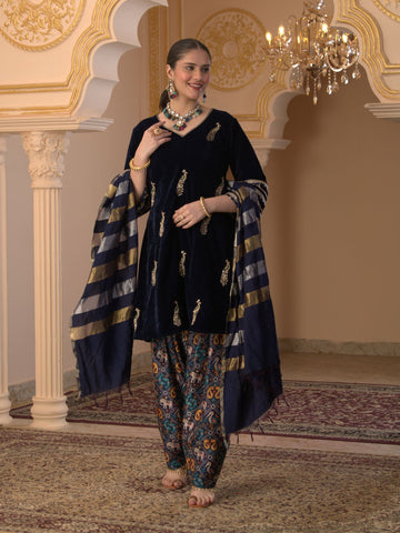 Navy Blue Velvet & Tusser Silk Hand Embroidered Suit Set